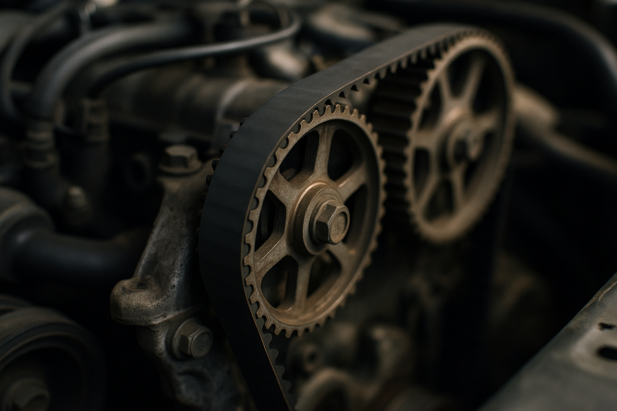 Close-up view of a car engine showing the timing belt wrapped around two metal gears, highlighting the importance of regular car maintenance to save money and prevent costly repairs. Other engine components are visible in the background.