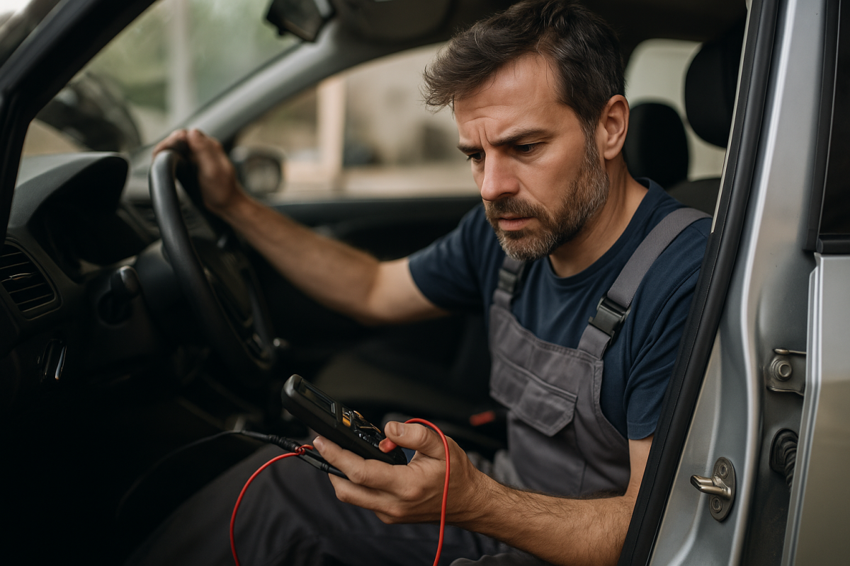 A man in work overalls sits in a car with the door open, using a multimeter to check for car electrical problems.