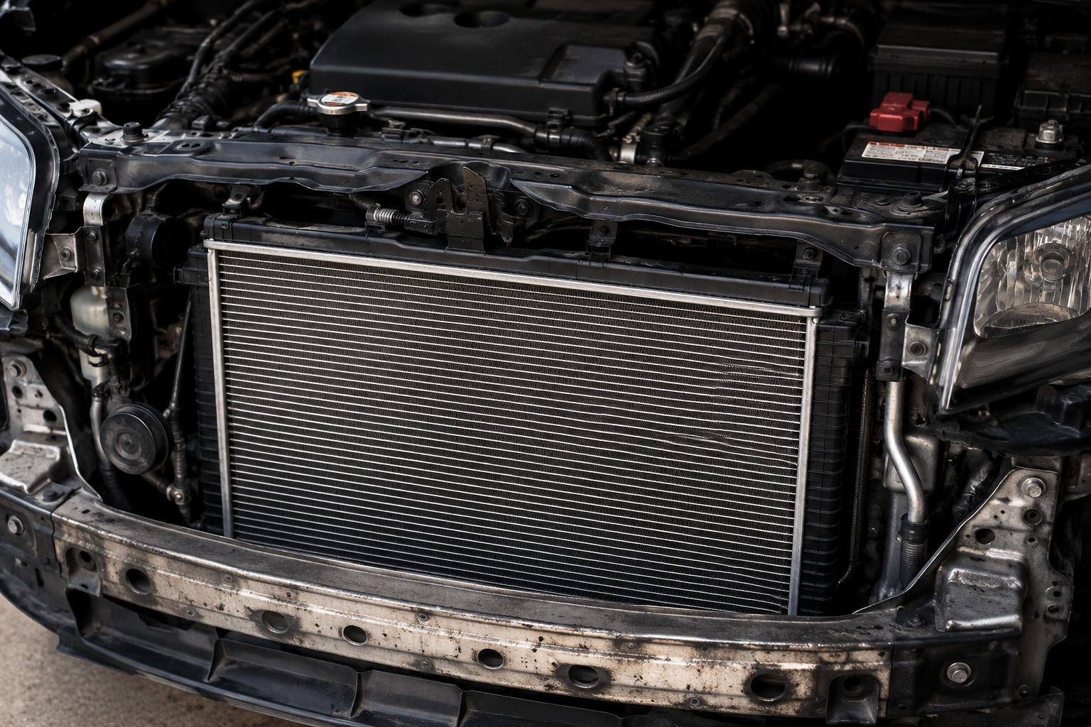 Home | Sartorial Auto Repairs Close-up view of a car with its front bumper removed, revealing the exposed radiator and engine components—perfect for those tackling a DIY radiator repair.