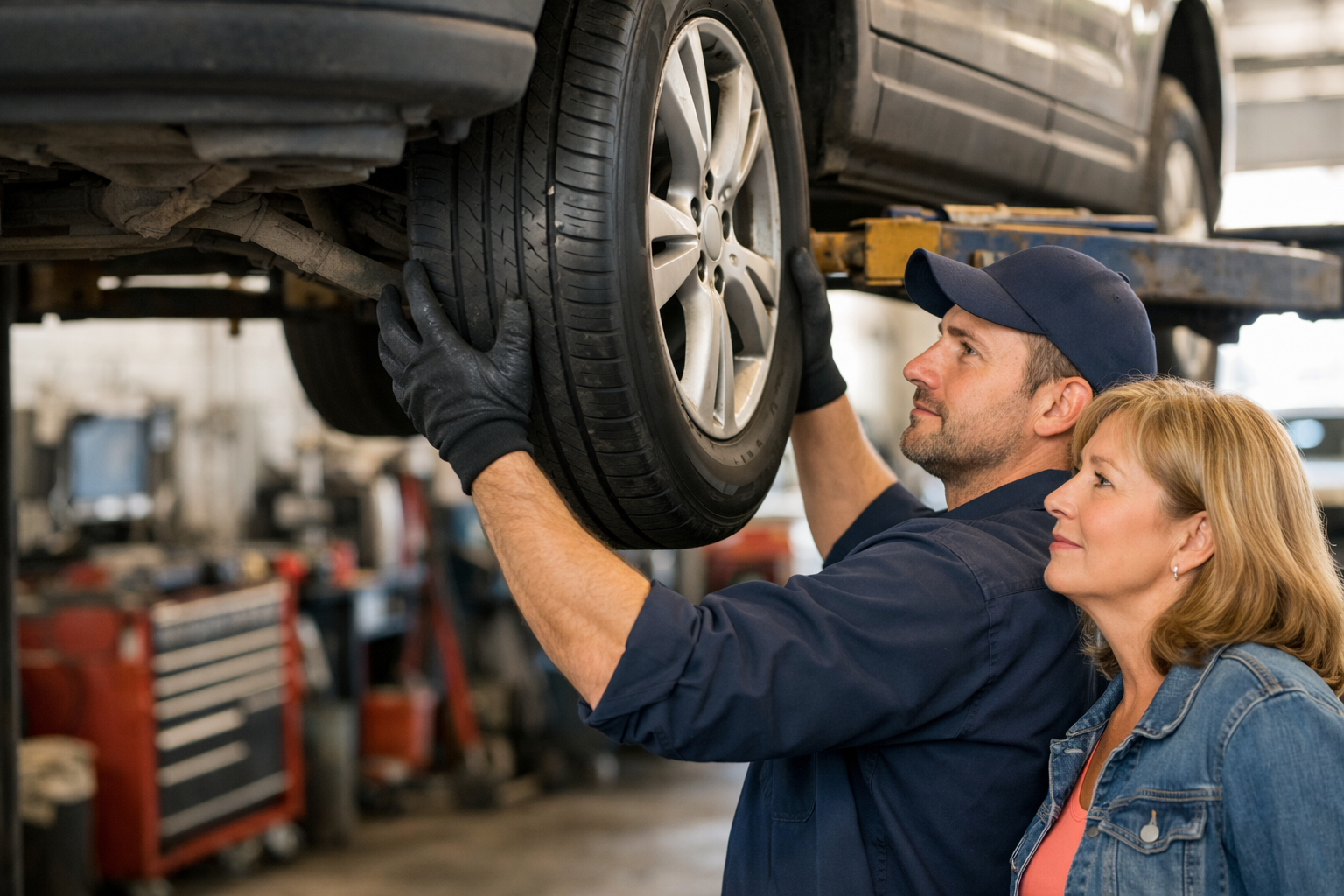 Home | Sartorial Auto Repairs Mechanic inspects a car tire on a lift while a woman watches in an auto repair shop, checking carefully for suspension noises that could indicate a more serious problem rather than just normal wear.