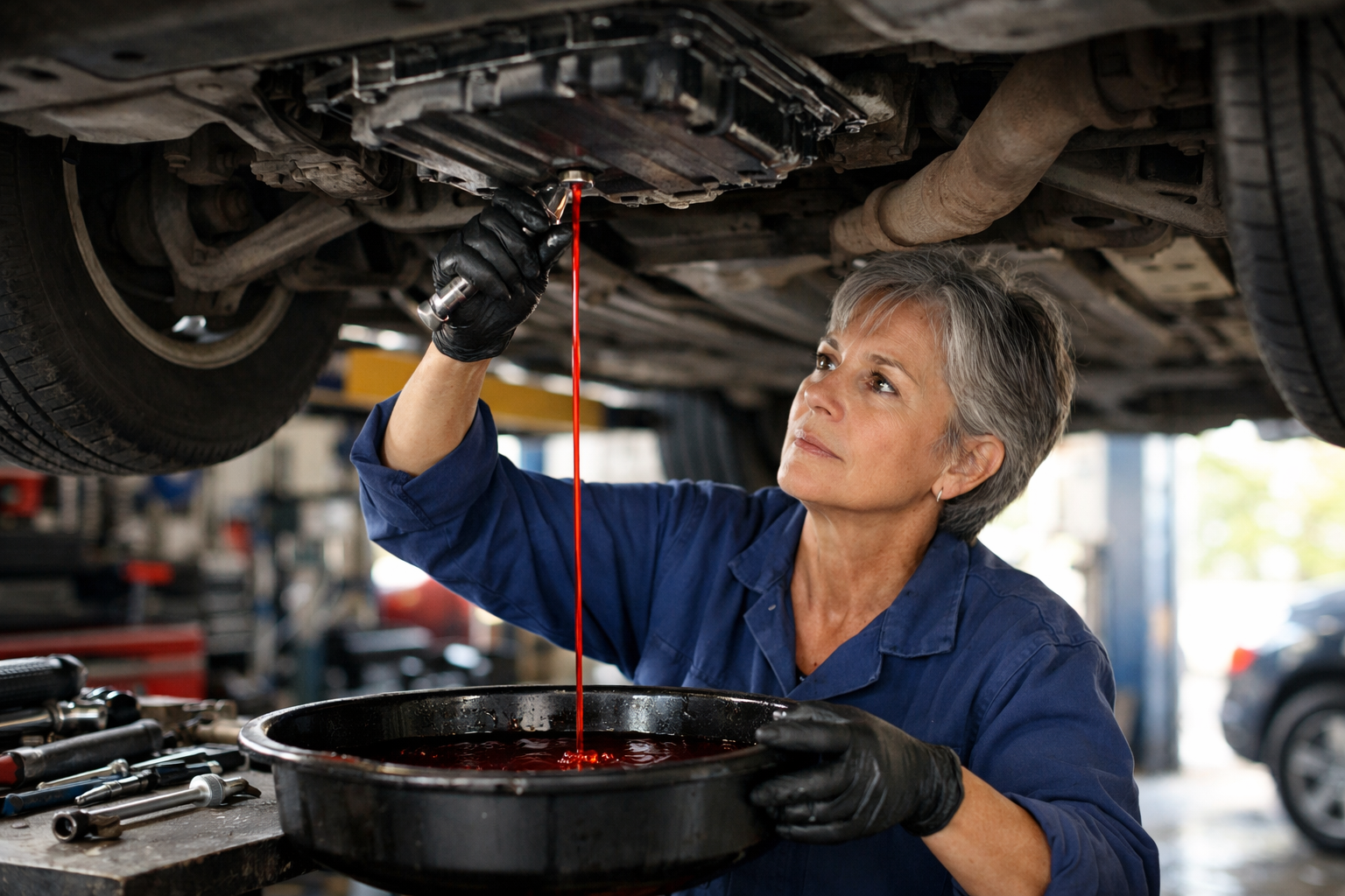 Blog | Sartorial Auto Repairs Mechanic drains red fluid from an older car’s undercarriage into a pan while wearing gloves and a blue uniform in an auto repair shop, performing essential transmission service to help extend the vehicle’s lifespan.