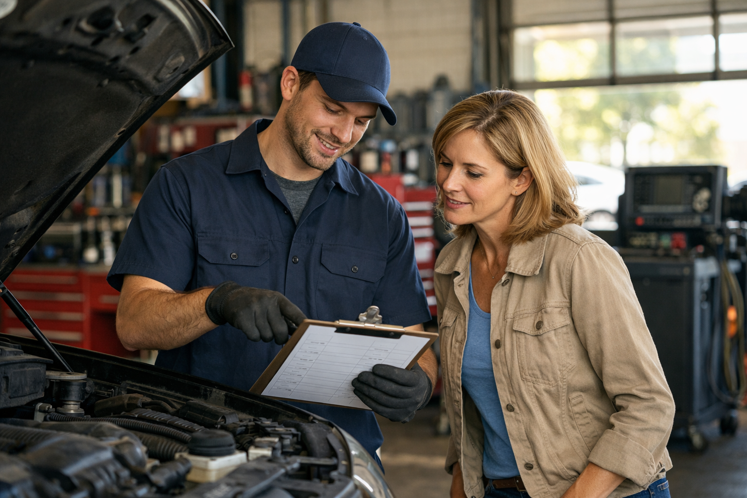 Home | Sartorial Auto Repairs A mechanic in a blue uniform shows a clipboard to a customer standing by an open car hood during factory recommended maintenance at an auto repair shop.