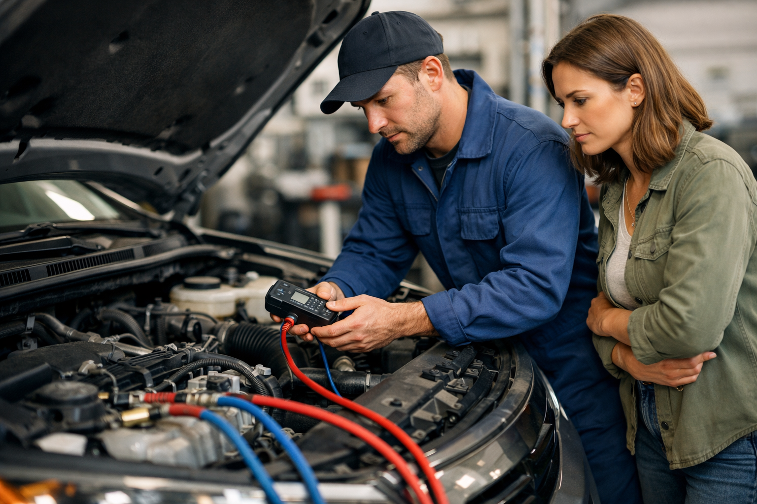 Home | Sartorial Auto Repairs A mechanic uses a diagnostic tool to check a car engine for HVAC maintenance while a customer watches.